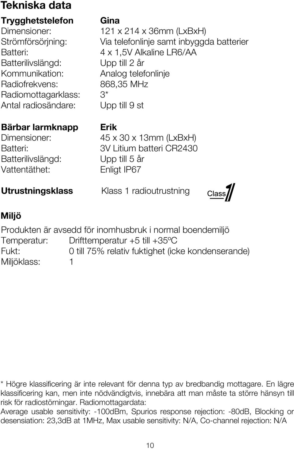 Utrustningsklass Erik 45 x 30 x 13mm (LxBxH) 3V Litium batteri CR2430 Upp till 5 år Enligt IP67 Klass 1 radioutrustning Miljö Produkten är avsedd för inomhusbruk i normal boendemiljö Temperatur: