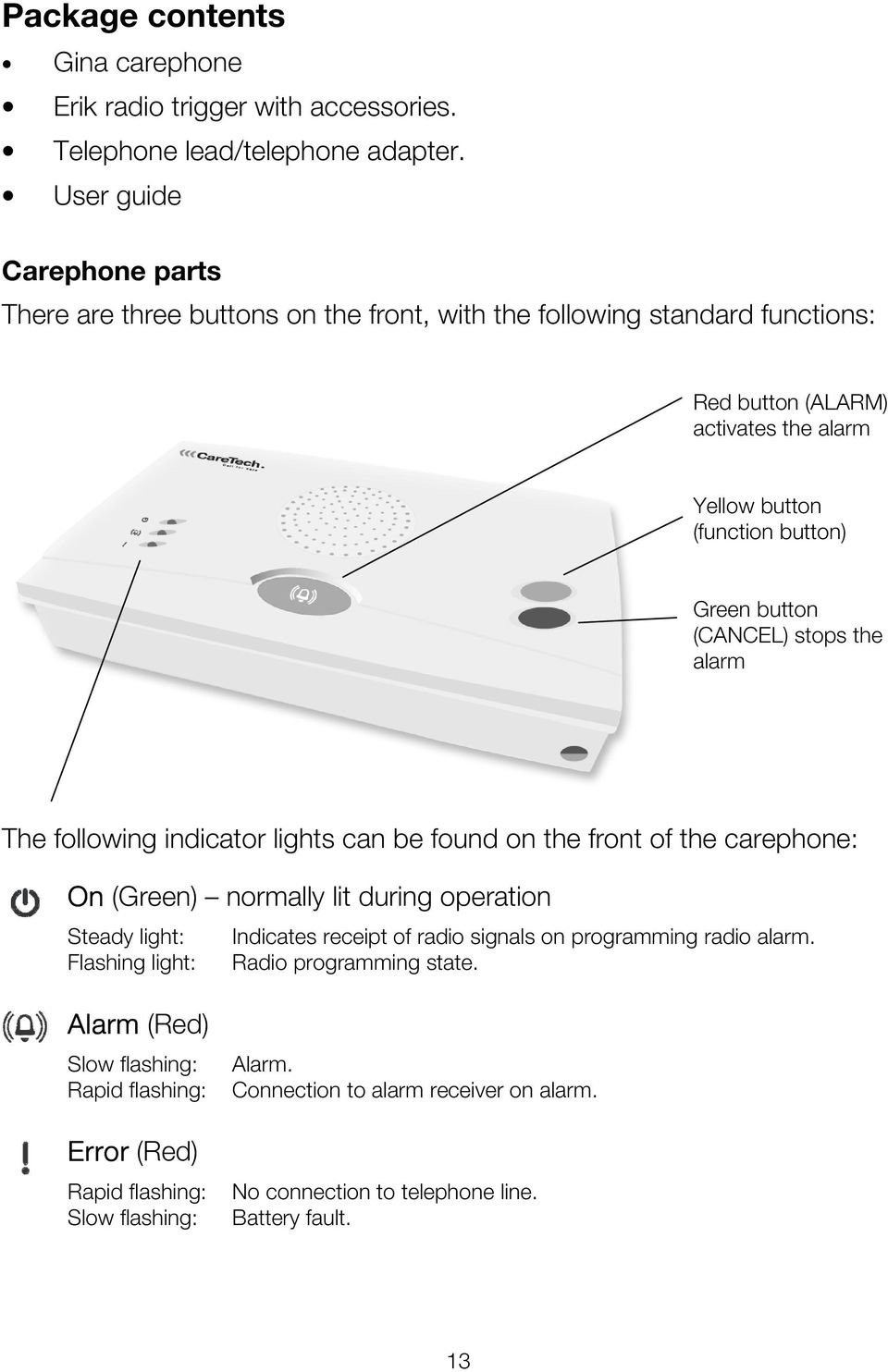 button (CANCEL) stops the alarm The following indicator lights can be found on the front of the carephone: On (Green) normally lit during operation Steady light: Indicates receipt of