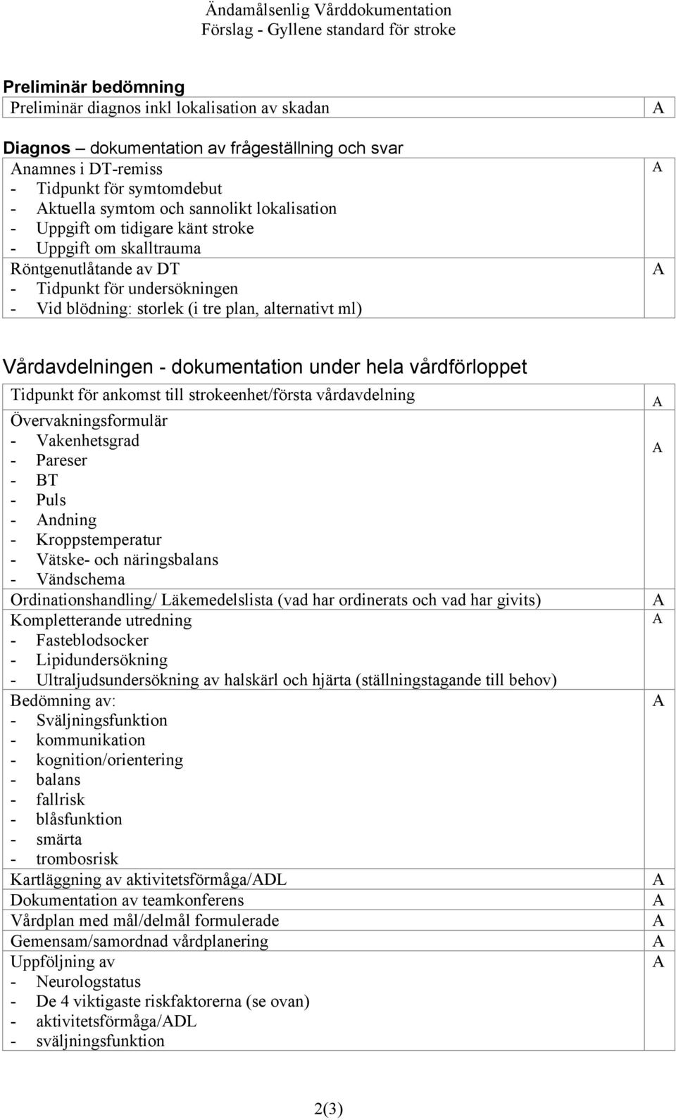 plan, alternativt ml) Vårdavdelningen - dokumentation under hela vårdförloppet Tidpunkt för ankomst till strokeenhet/första vårdavdelning vervakningsformulär - Vakenhetsgrad - Pareser - BT - Puls -