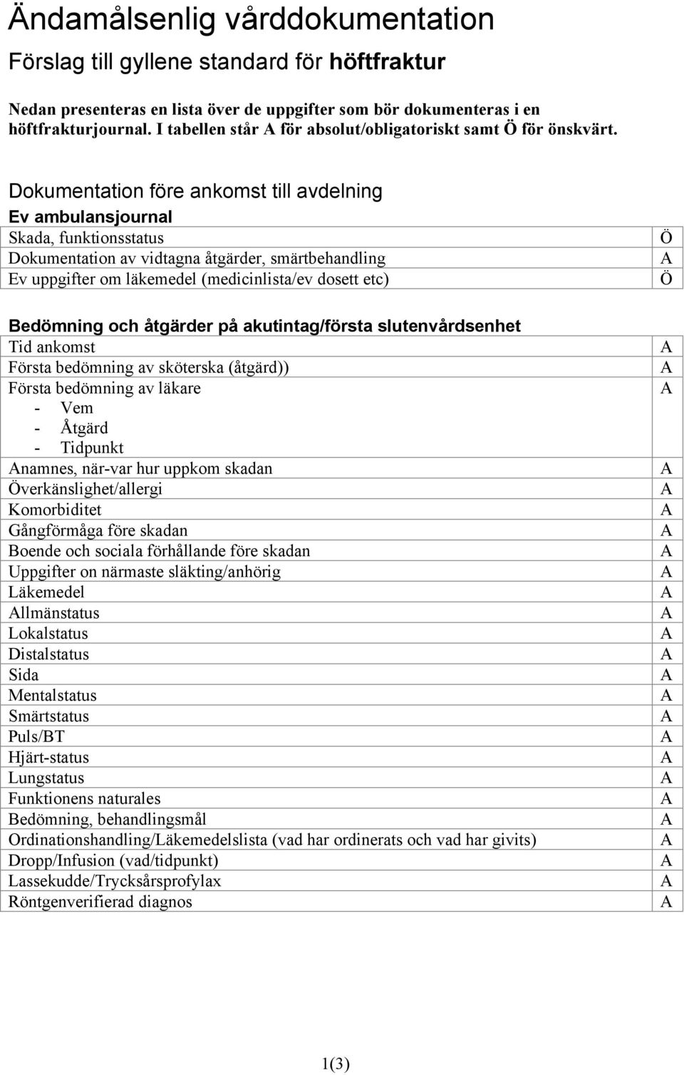 Dokumentation före ankomst till avdelning Ev ambulansjournal Skada, funktionsstatus Dokumentation av vidtagna åtgärder, smärtbehandling Ev uppgifter om läkemedel (medicinlista/ev dosett etc)