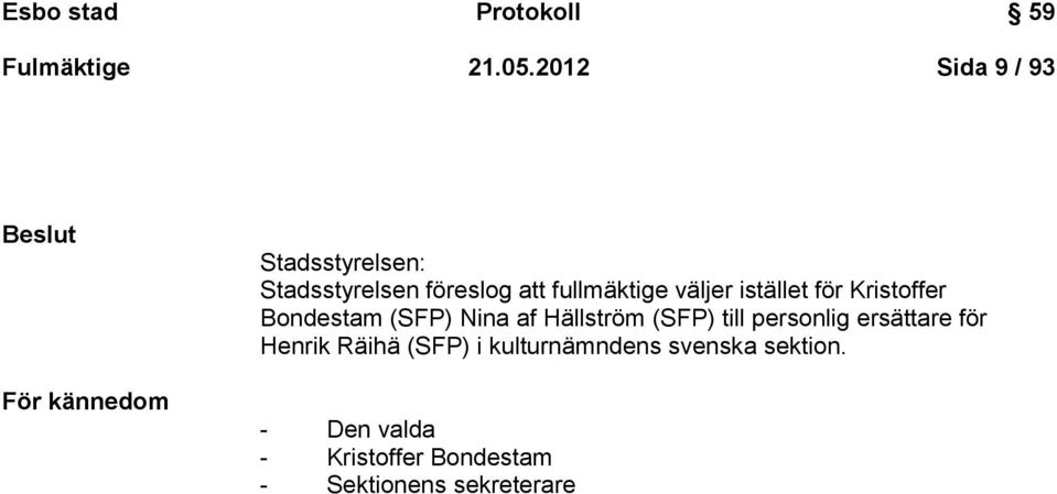fullmäktige väljer istället för Kristoffer Bondestam (SFP) Nina af Hällström (SFP)