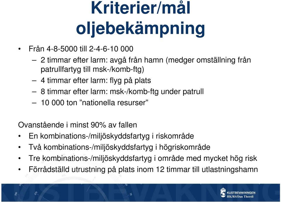 nationella resurser Ovanstående i minst 90% av fallen En kombinations-/miljöskyddsfartyg i riskområde Två