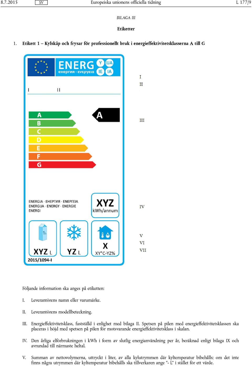 Spetsen på pilen med energieffektivitetsklassen ska placeras i höjd med spetsen på pilen för motsvarande energieffektivitetsklass i skalan.