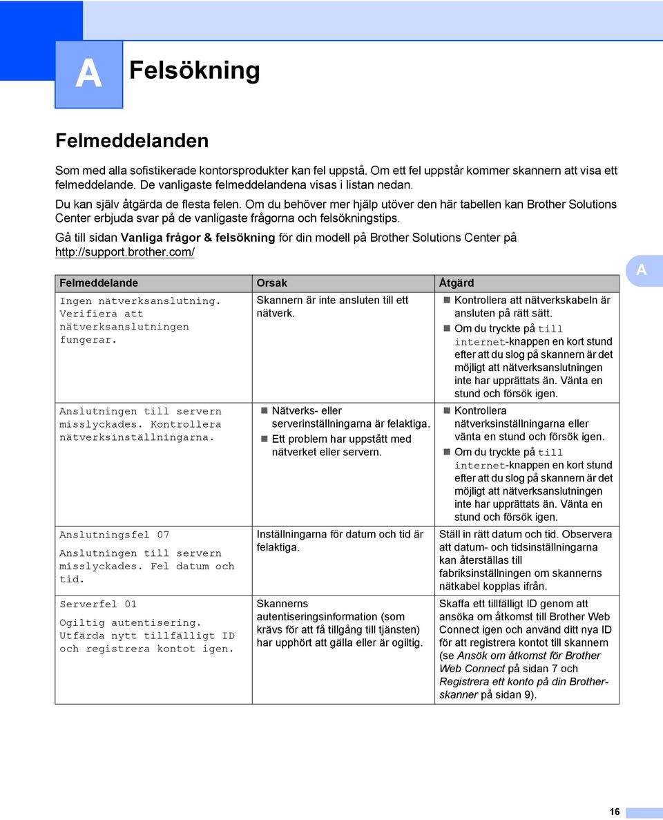 Om du behöver mer hjälp utöver den här tabellen kan Brother Solutions Center erbjuda svar på de vanligaste frågorna och felsökningstips.