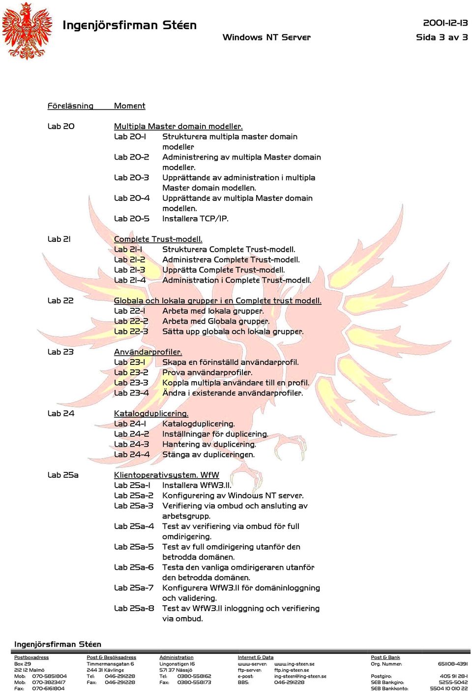 Lab 20-4 Upprättande av multipla Master domain modellen. Lab 20-5 Installera TCP/IP. Complete Trust-modell. Lab 21-1 Strukturera Complete Trust-modell. Lab 21-2 Administrera Complete Trust-modell.