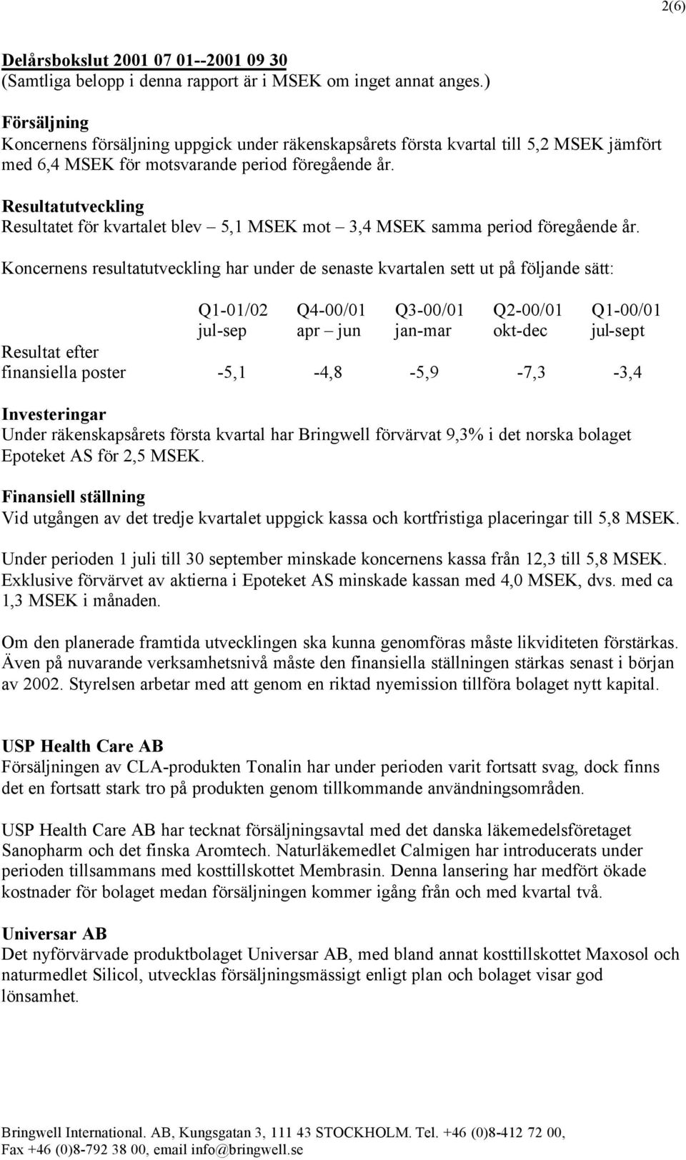 Resultatutveckling Resultatet för kvartalet blev 5,1 MSEK mot 3,4 MSEK samma period föregående år.