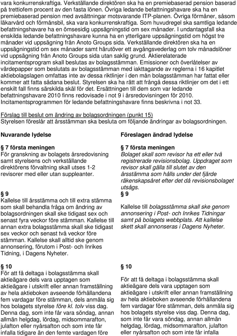 Som huvudregel ska samtliga ledande befattningshavare ha en ömsesidig uppsägningstid om sex månader.