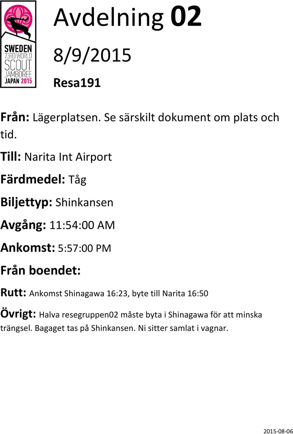 5:57:00 PM Rutt: Ankomst Shinagawa 16:23, byte till Narita 16:50 Övrigt: Halva resegruppen02