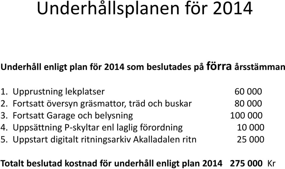Fortsatt Garage och belysning 100 000 4. Uppsättning P-skyltar enl laglig förordning 10 000 5.
