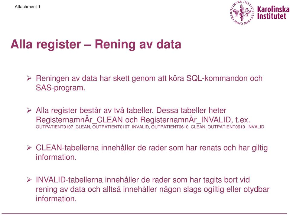OUTPATIENT0107_CLEAN, OUTPATIENT0107_INVALID, OUTPATIENT0610_CLEAN, OUTPATIENT0610_INVALID CLEAN-tabellerna innehåller de rader som