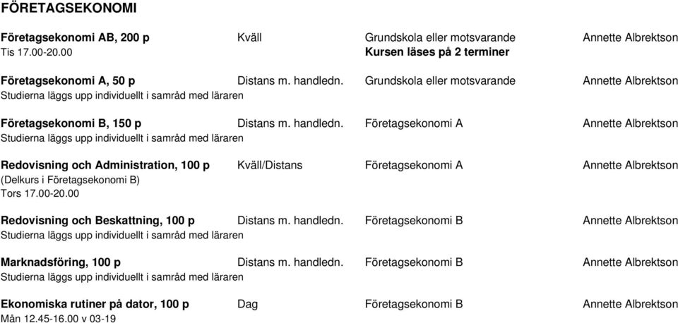 Företagsekonomi A Annette Albrektson Redovisning och Administration, 100 p Kväll/Distans Företagsekonomi A Annette Albrektson (Delkurs i Företagsekonomi B) Tors 17.00-20.