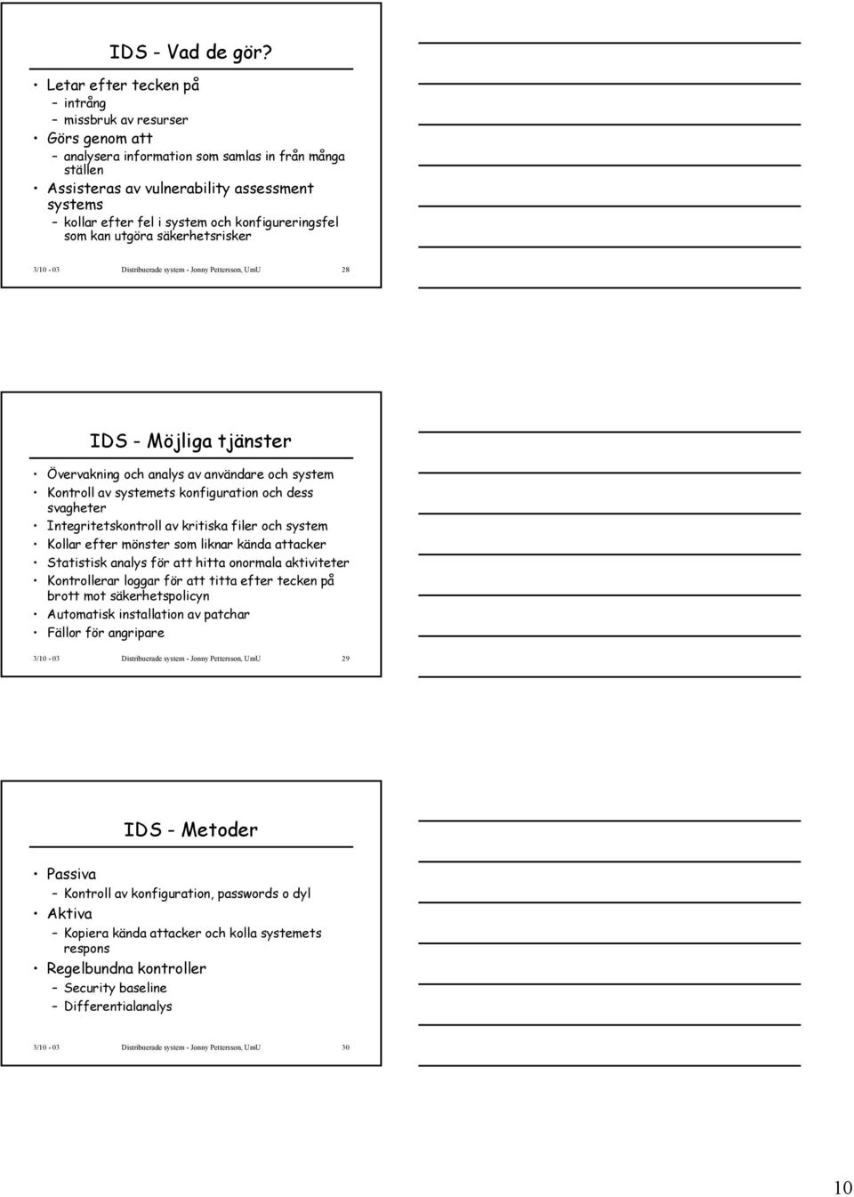 konfigureringsfel som kan utgöra säkerhetsrisker 3/10-03 Distribuerade system - Jonny Pettersson, UmU 28 IDS - Möjliga tjänster Övervakning och analys av användare och system Kontroll av systemets