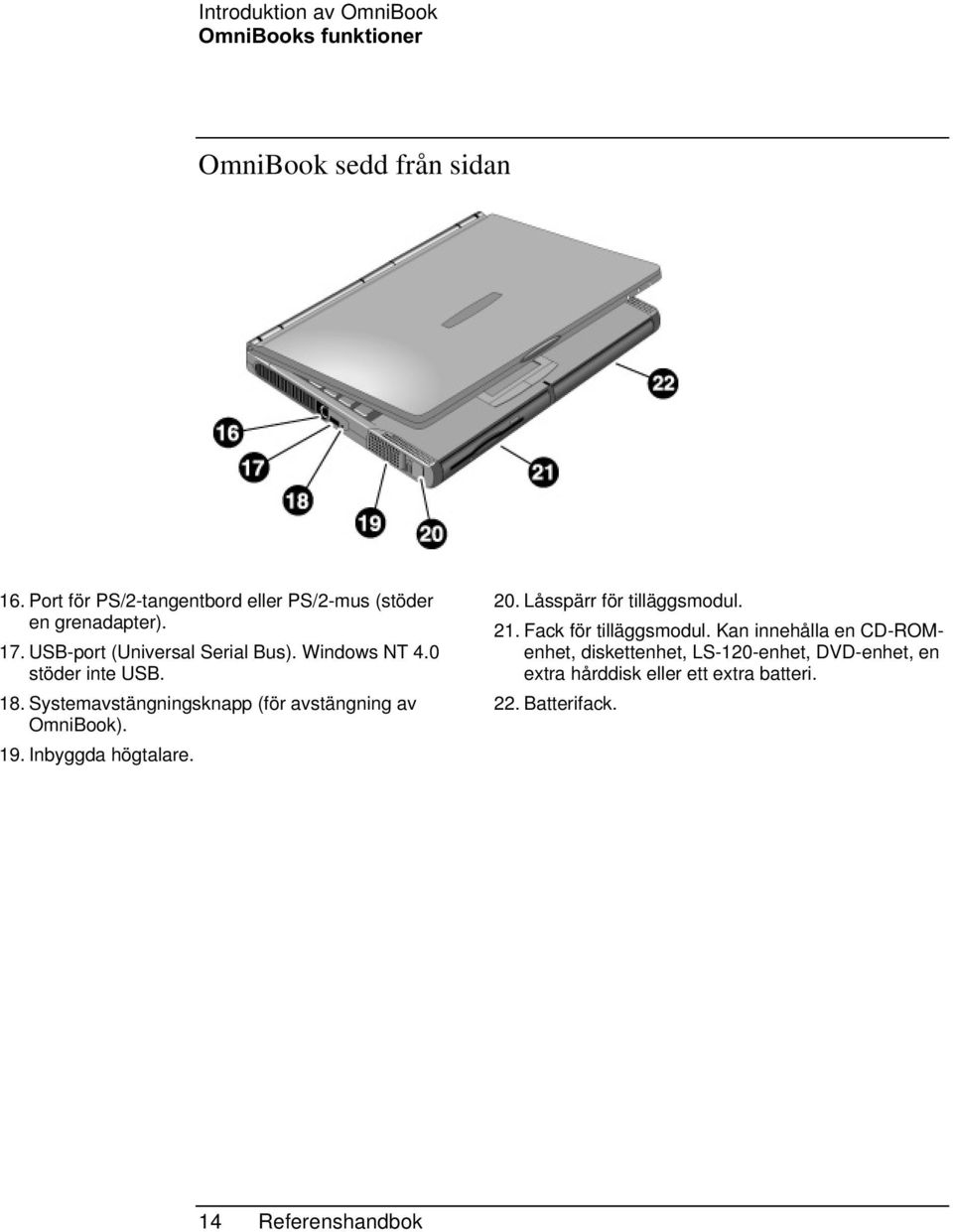 0 stöder inte USB. 18. Systemavstängningsknapp (för avstängning av OmniBook). 19. Inbyggda högtalare. 20.