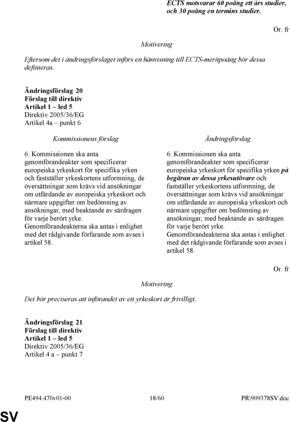 Kommissionen ska anta genomförandeakter som specificerar europeiska yrkeskort för specifika yrken och fastställer yrkeskortens utformning, de översättningar som krävs vid ansökningar om utfärdande av