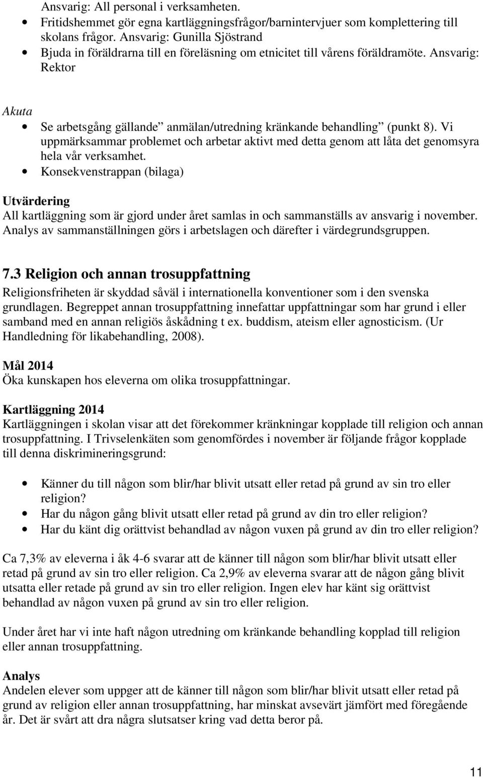 Ansvarig: Rektor Akuta Se arbetsgång gällande anmälan/utredning kränkande behandling (punkt 8).
