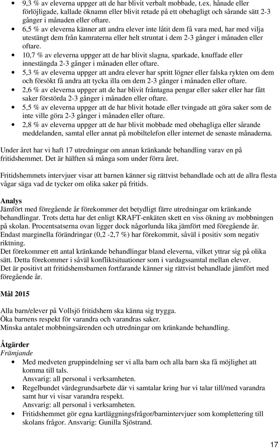 10,7 % av eleverna uppger att de har blivit slagna, sparkade, knuffade eller innestängda 2-3 gånger i månaden eller oftare.