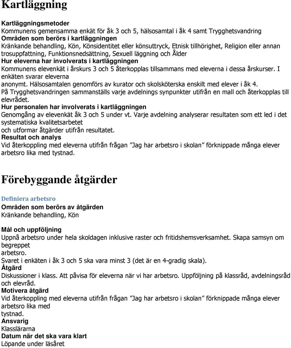 årskurs 3 och 5 återkopplas tillsammans med eleverna i dessa årskurser. I enkäten svarar eleverna anonymt. Hälsosamtalen genomförs av kurator och skolsköterska enskilt med elever i åk 4.