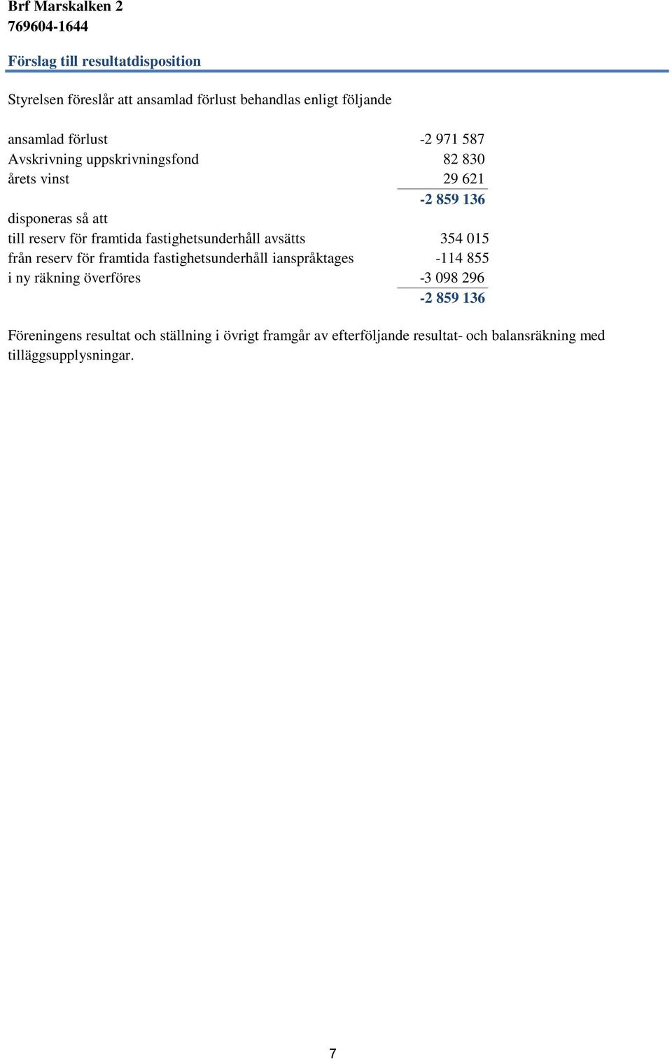 fastighetsunderhåll avsätts 354 015 från reserv för framtida fastighetsunderhåll ianspråktages -114 855 i ny räkning överföres