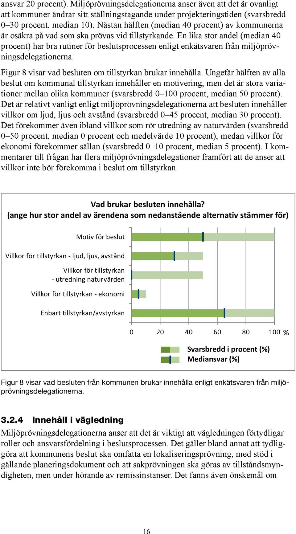 En lika stor andel (median 40 procent) har bra rutiner för beslutsprocessen enligt enkätsvaren från miljöprövningsdelegationerna. Figur 8 visar vad besluten om tillstyrkan brukar innehålla.