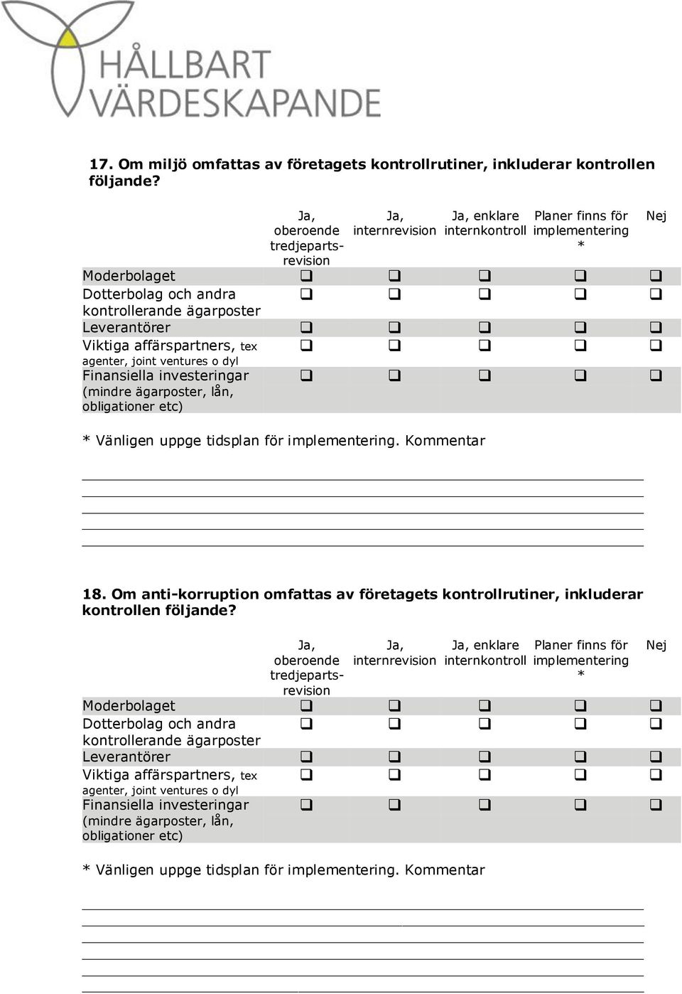 tex agenter, joint ventures o dyl Finansiella investeringar (mindre ägarposter, lån, obligationer etc) * Vänligen uppge tidsplan för implementering. Nej 18.