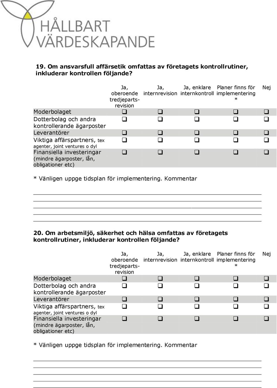 tex agenter, joint ventures o dyl Finansiella investeringar (mindre ägarposter, lån, obligationer etc) * Vänligen uppge tidsplan för implementering. Nej 20.