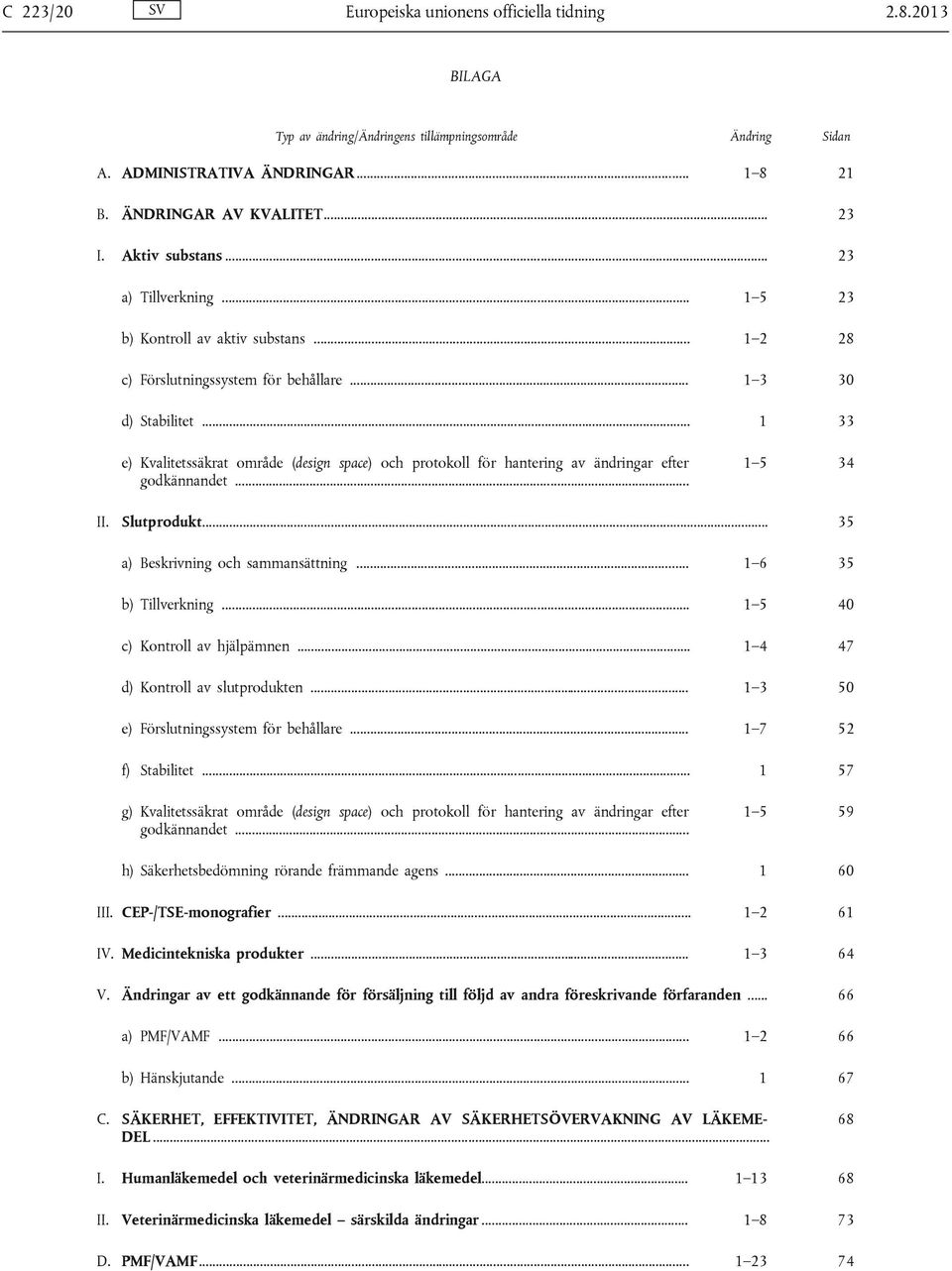 .. 1 33 e) Kvalitetssäkrat område (design space) och protokoll för hantering av ändringar efter godkännandet... 1 5 34. Slutprodukt... 35 a) Beskrivning och sammansättning... 1 6 35 b) Tillverkning.