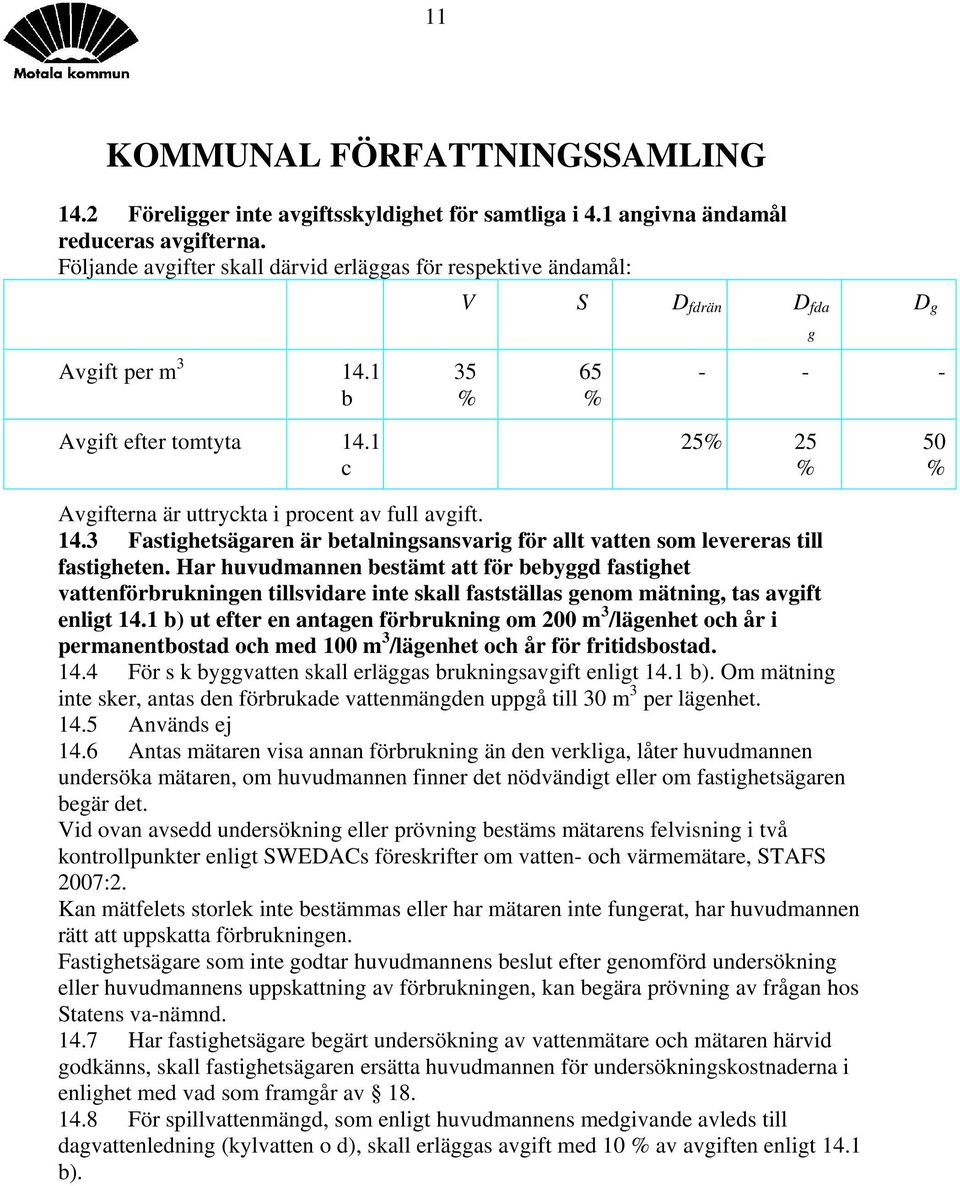 1 c 25% 25 % 50 % Avgifterna är uttryckta i procent av full avgift. 14.3 Fastighetsägaren är betalningsansvarig för allt vatten som levereras till fastigheten.