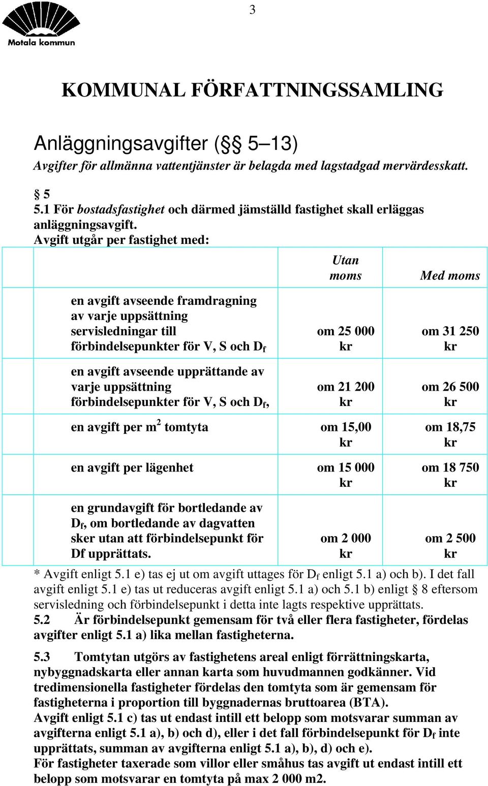 varje uppsättning förbindelsepunkter för V, S och D f, om 25 000 om 21 200 om 31 250 om 26 500 en avgift per m 2 tomtyta om 15,00 en avgift per lägenhet om 15 000 om 18,75 om 18 750 en grundavgift