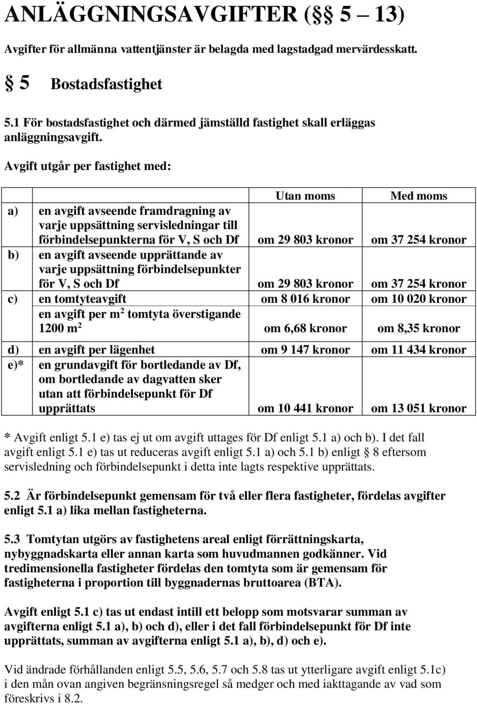 Avgift utgår per fastighet med: Utan moms Med moms a) en avgift avseende framdragning av varje uppsättning servisledningar till förbindelsepunkterna för V, S och Df om 29 803 kronor om 37 254 kronor