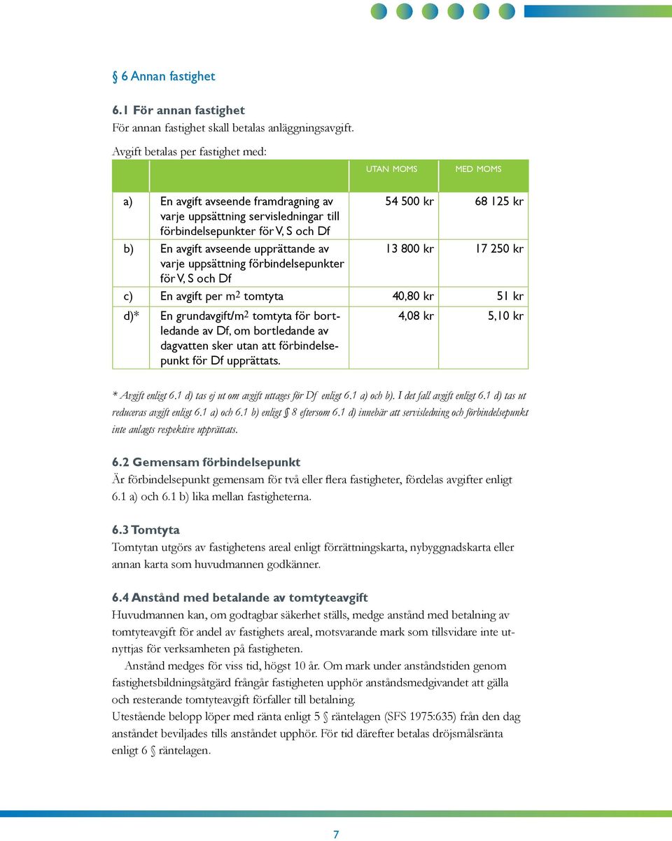 avseende upprättande av 13 800 kr 17 250 kr varje uppsättning förbindelsepunkter för V, S och Df c) En avgift per m2 tomtyta 40,80 kr 51 kr d)* En grundavgift/m2 tomtyta för bortledande av Df, om