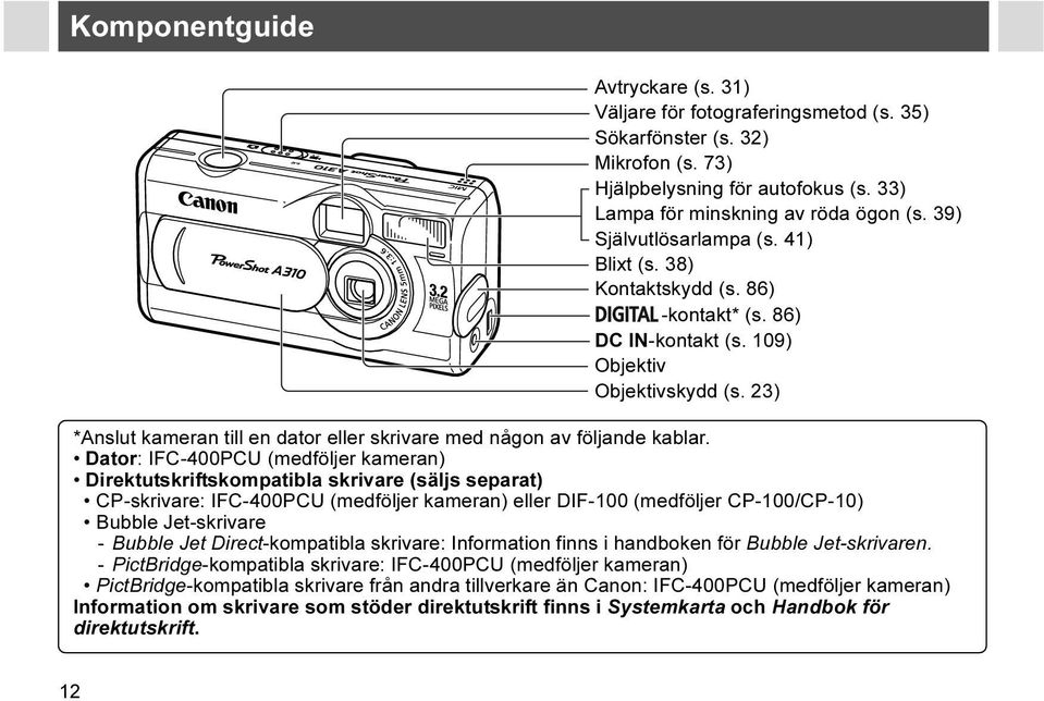 23) *Anslut kameran till en dator eller skrivare med någon av följande kablar.