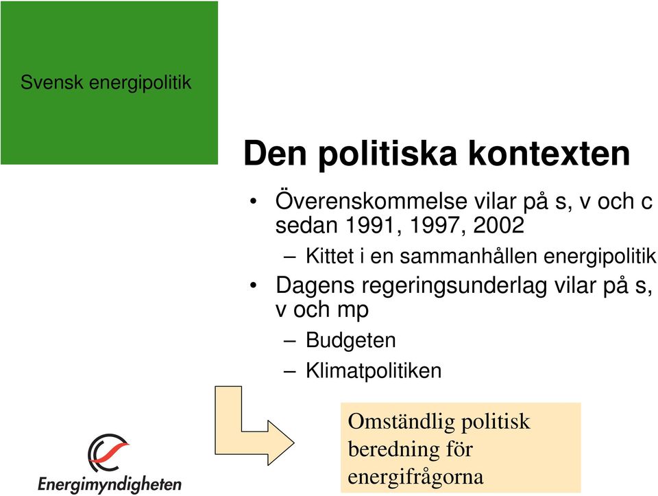 sammanhållen energipolitik Dagens regeringsunderlag vilar på s, v