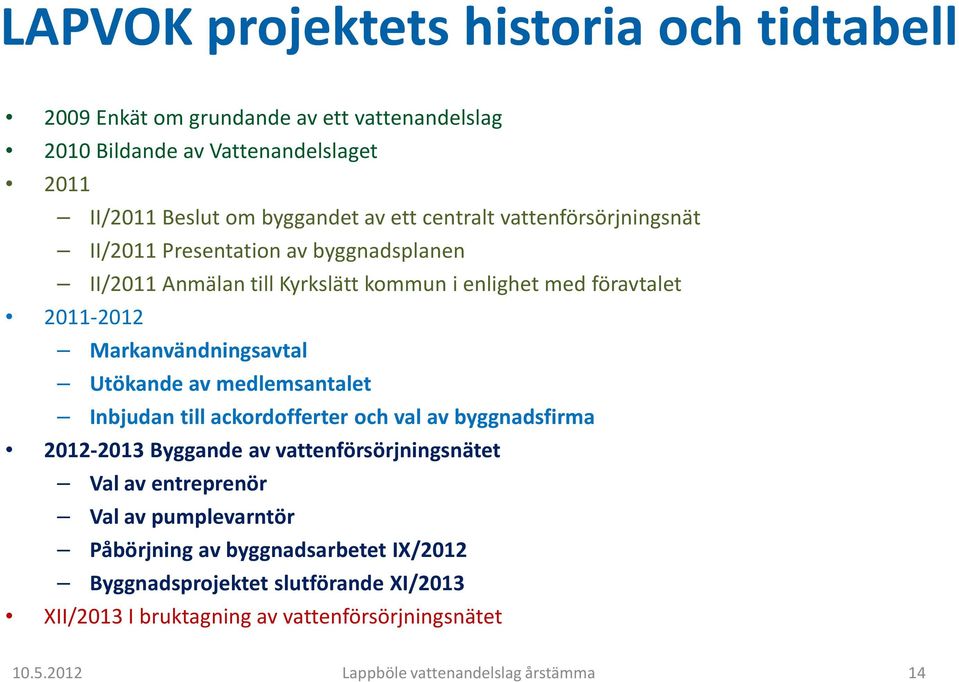 Markanvändningsavtal Utökande av medlemsantalet Inbjudan till ackordofferter och val av byggnadsfirma 2012-2013 Byggande av vattenförsörjningsnätet Val av