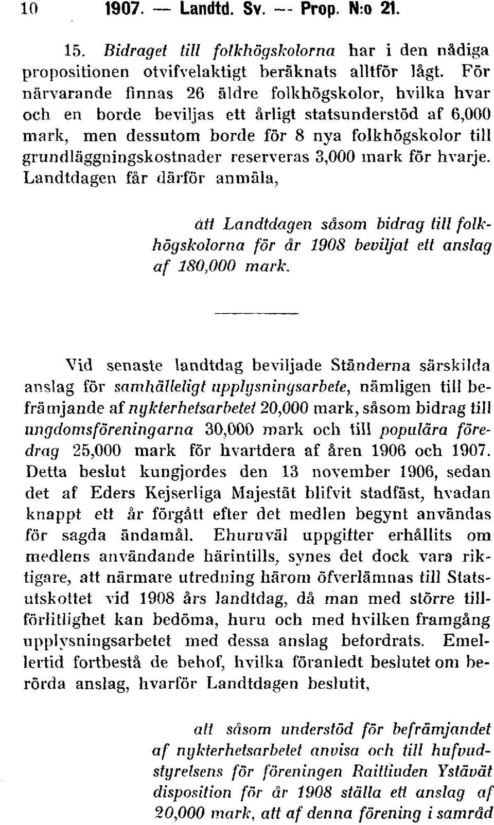 reserveras 3,000 mark för hvarje. Landtdagen får därför anmäla, att Landtdagen såsom bidrag till folkhögskolorna för år 1908 beviljat ett anslag af 180,000 mark.