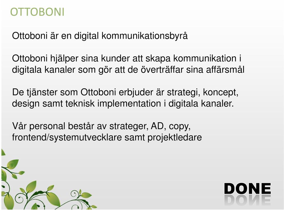 Ottoboni erbjuder är strategi, koncept, design samt teknisk implementation i digitala