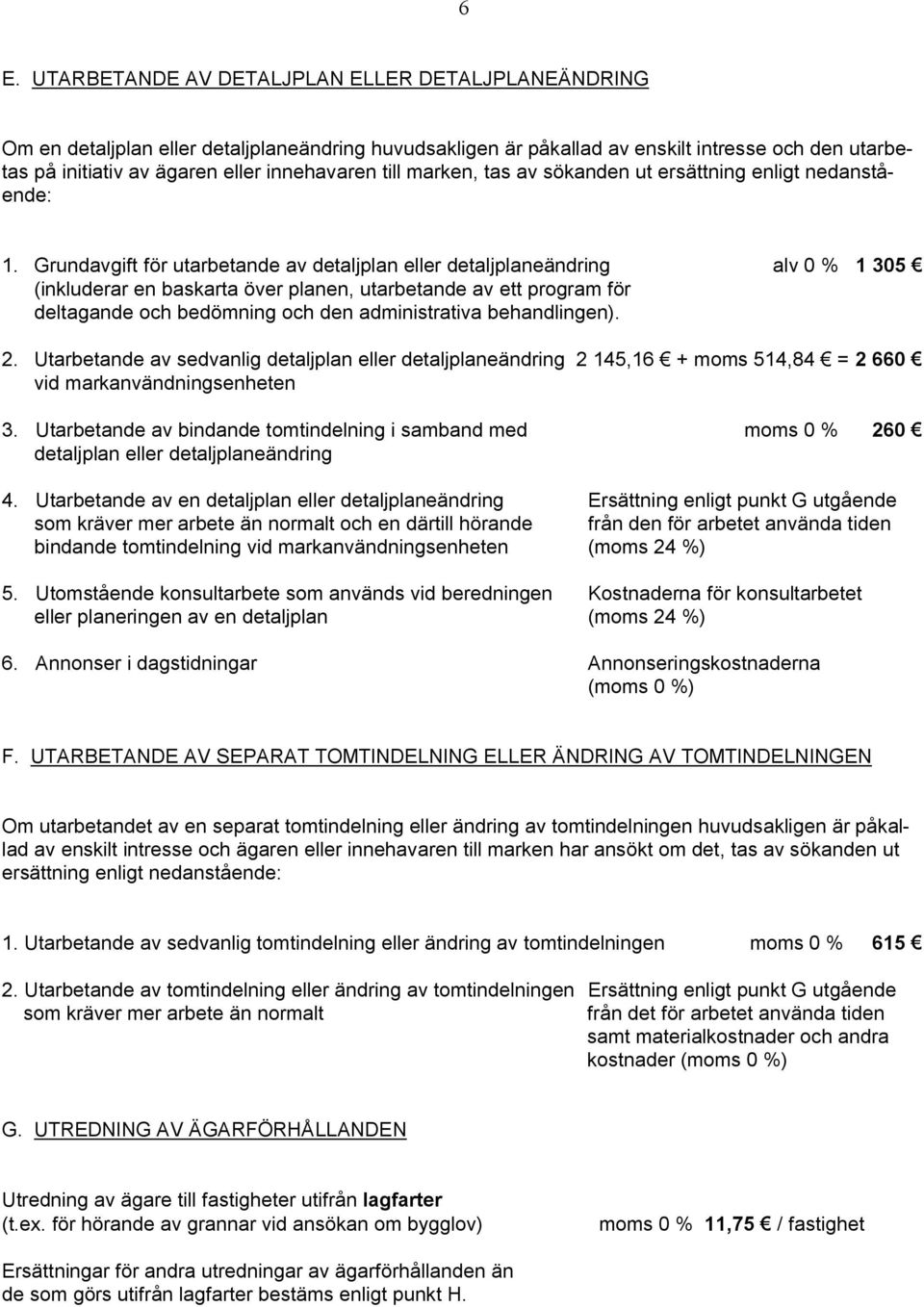 Grundavgift för utarbetande av detaljplan eller detaljplaneändring alv 0 % 1 305 (inkluderar en baskarta över planen, utarbetande av ett program för deltagande och bedömning och den administrativa