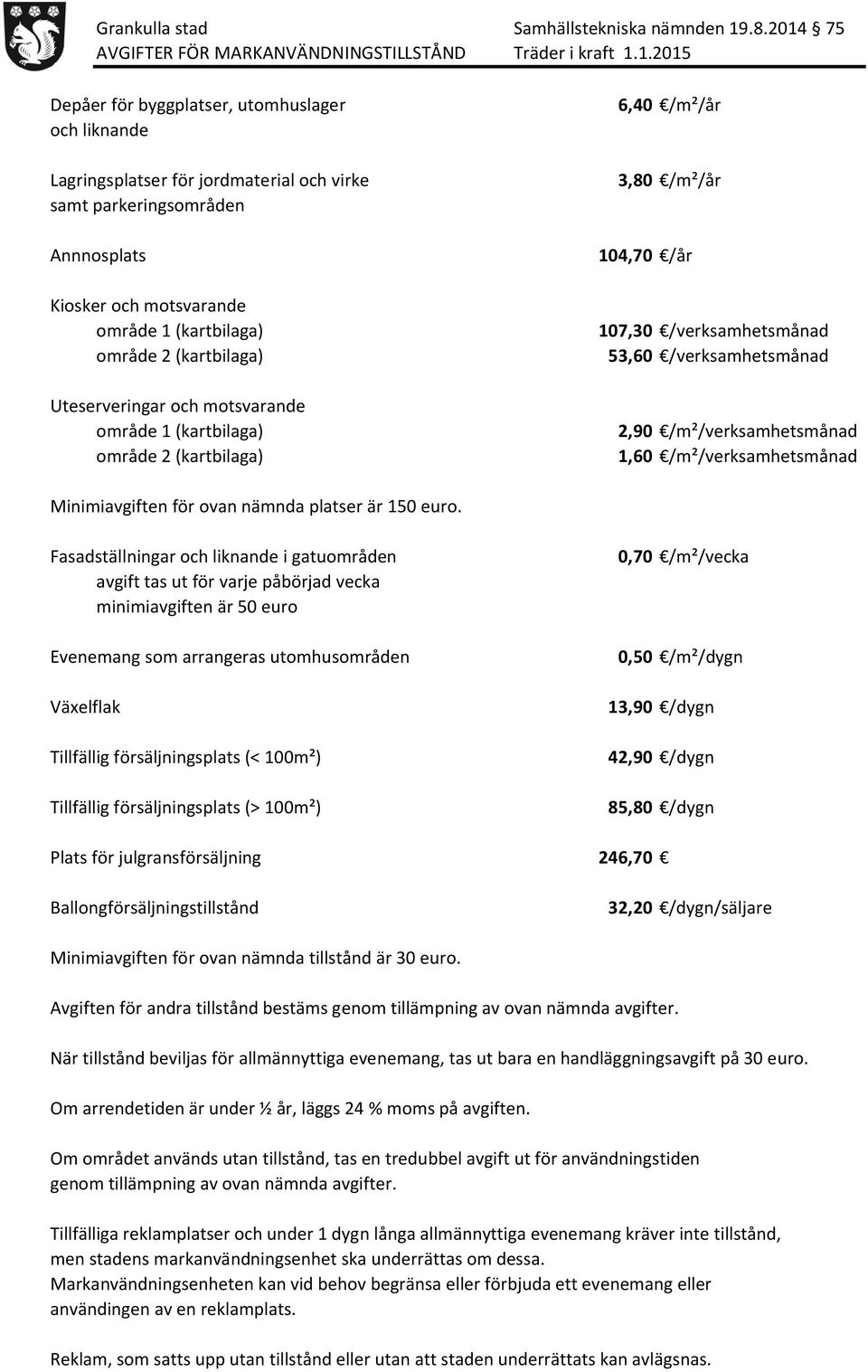 75 AVGIFTER FÖR MARKANVÄNDNINGSTILLSTÅND Träder i kraft 1.