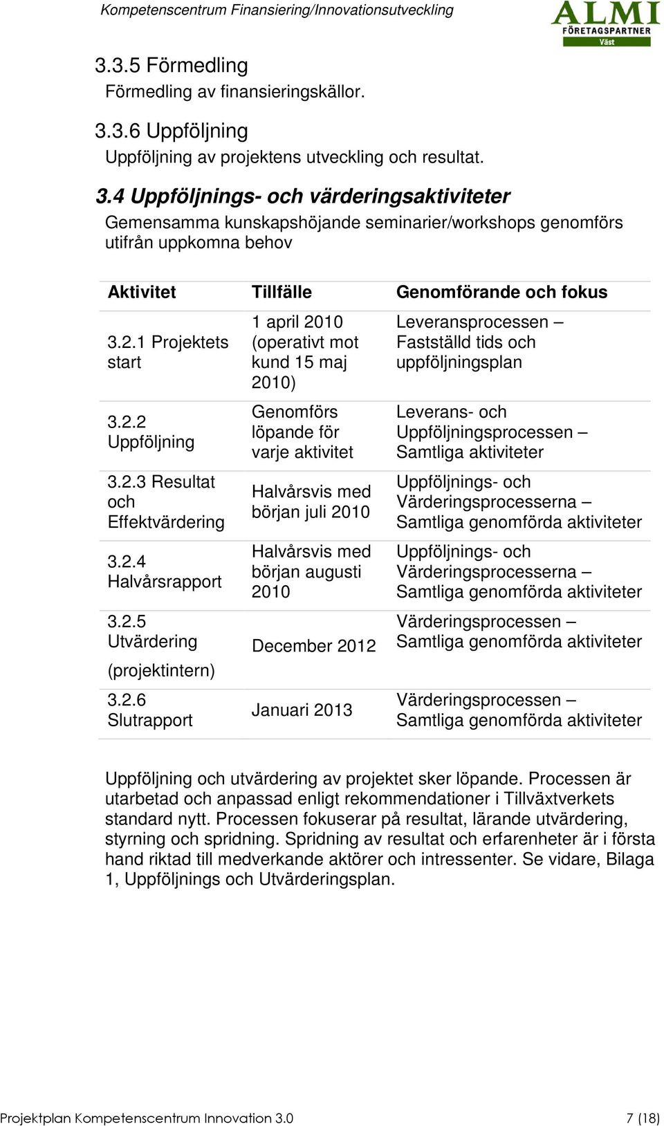 4 Uppföljnings- och värderingsaktiviteter Gemensamma kunskapshöjande seminarier/workshops genomförs utifrån uppkomna behov Aktivitet Tillfälle Genomförande och fokus 3.2.1 Projektets start 3.2.2 Uppföljning 3.