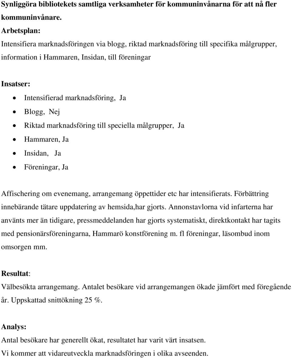 Blogg, Nej Riktad marknadsföring till speciella målgrupper, Ja Hammaren, Ja Insidan, Ja Föreningar, Ja Affischering om evenemang, arrangemang öppettider etc har intensifierats.