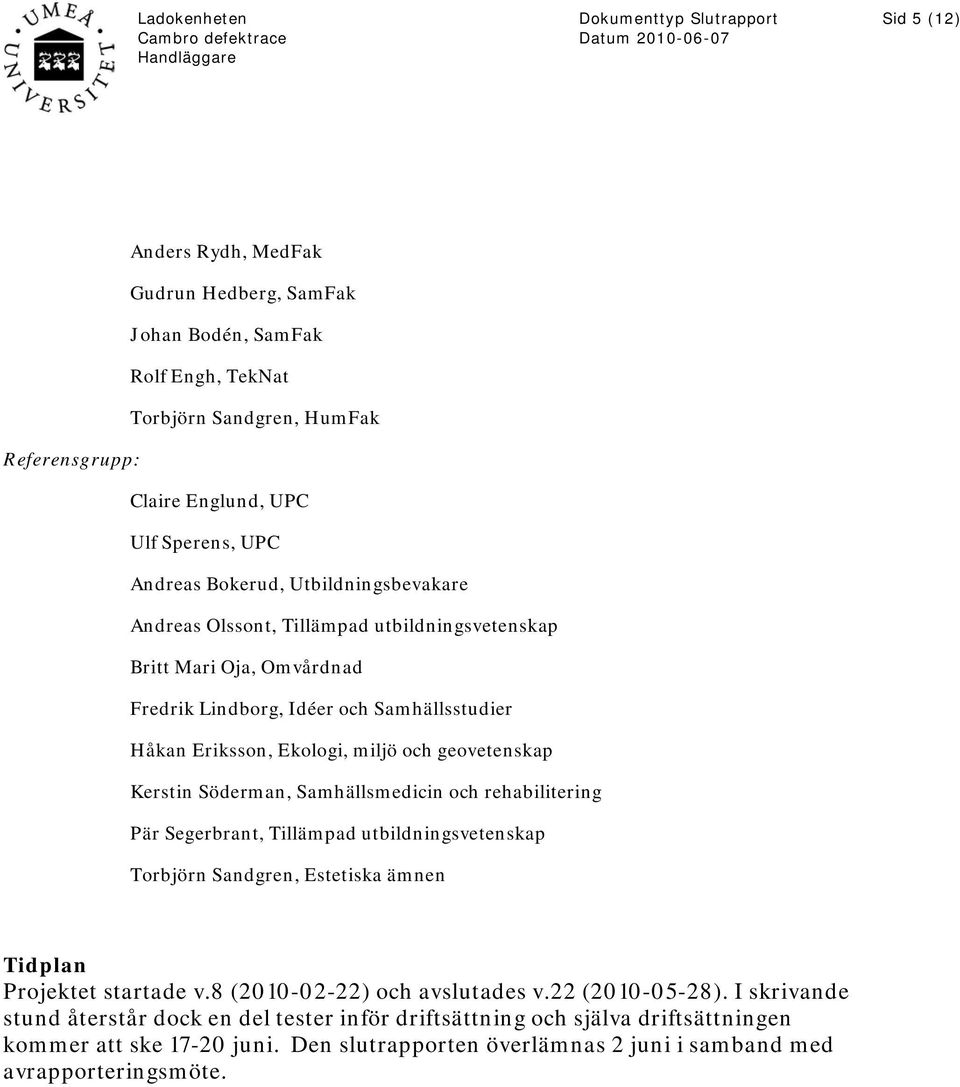 Söderman, Samhällsmedicin och rehabilitering Pär Segerbrant, Tillämpad utbildningsvetenskap Torbjörn Sandgren, Estetiska ämnen Tidplan Projektet startade v.8 (2010-02-22) och avslutades v.