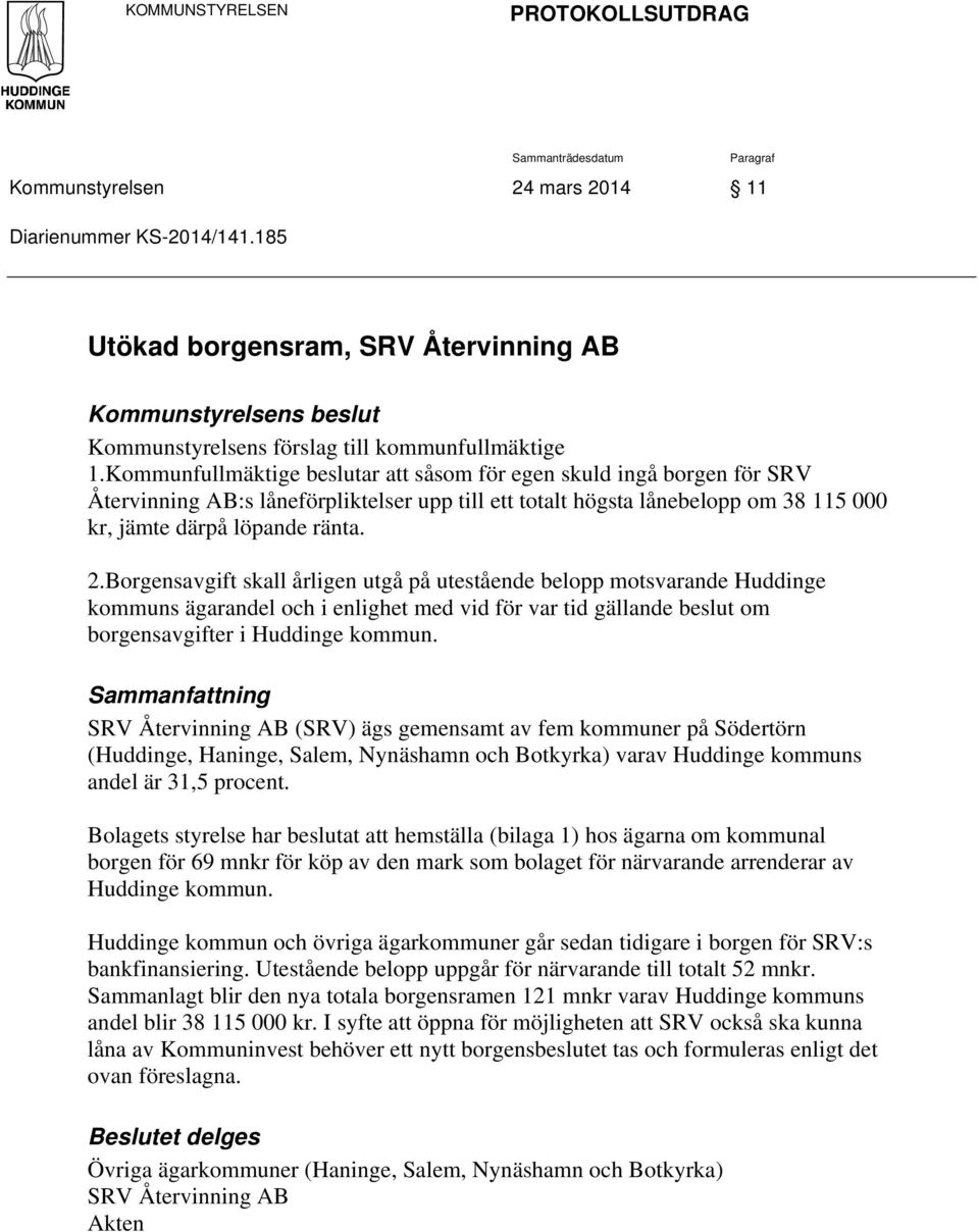 Kommunfullmäktige beslutar att såsom för egen skuld ingå borgen för SRV Återvinning AB:s låneförpliktelser upp till ett totalt högsta lånebelopp om 38 115 000 kr, jämte därpå löpande ränta. 2.