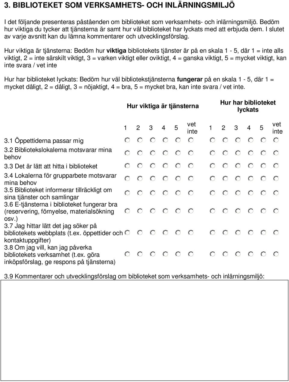 Hur viktiga är tjänsterna: Bedöm hur viktiga bibliotekets tjänster är på en skala 1-5, där 1 = alls viktigt, 2 = särskilt viktigt, 3 = varken viktigt eller oviktigt, 4 = ganska viktigt, 5 = viktigt,