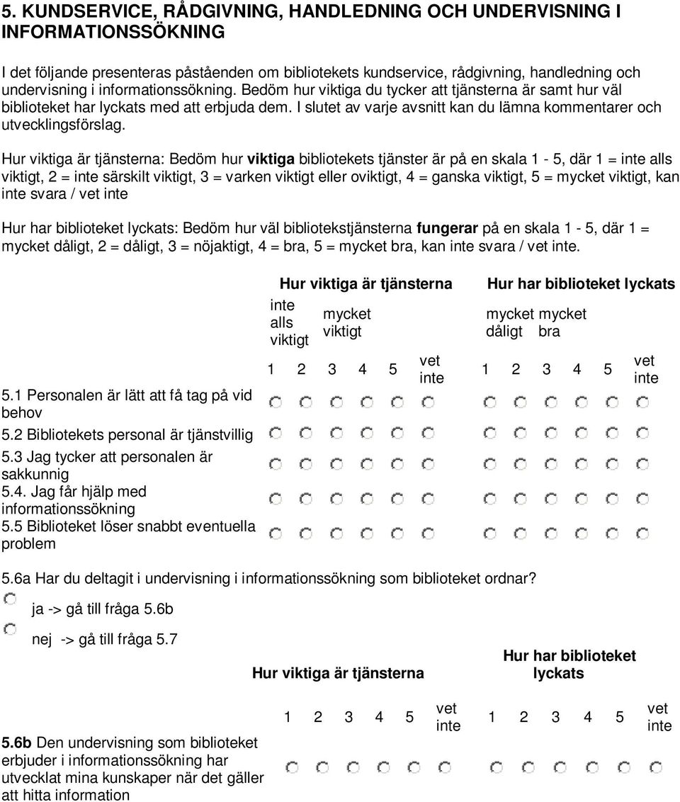 Hur viktiga är tjänsterna: Bedöm hur viktiga bibliotekets tjänster är på en skala 1-5, där 1 = alls viktigt, 2 = särskilt viktigt, 3 = varken viktigt eller oviktigt, 4 = ganska viktigt, 5 = viktigt,