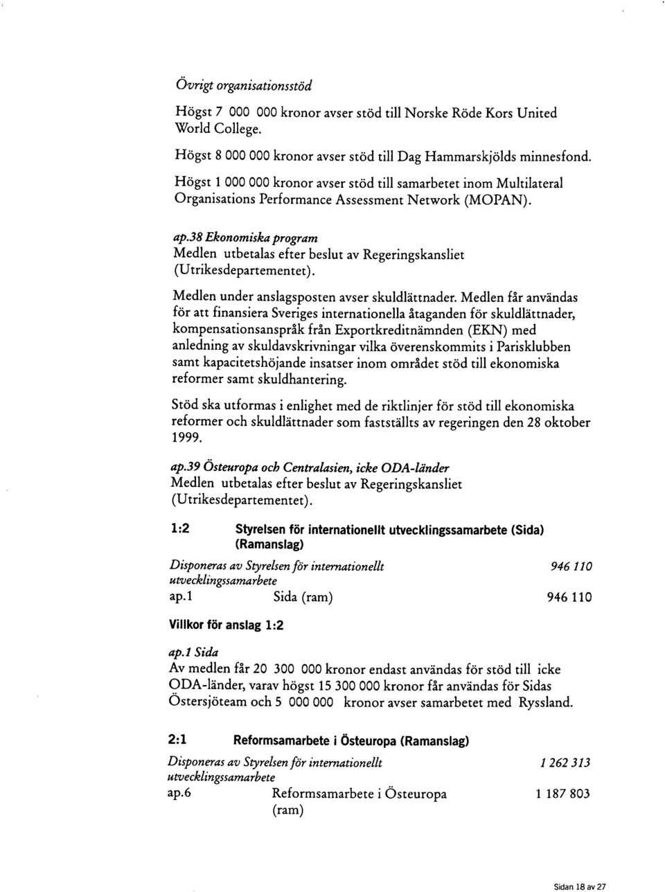 38 Ekonomiska program Medlen utbetalas efter beslut av Regeringskansliet (Utrikesdepartementet). Medlen under anslagsposten avser skuldlättnader.