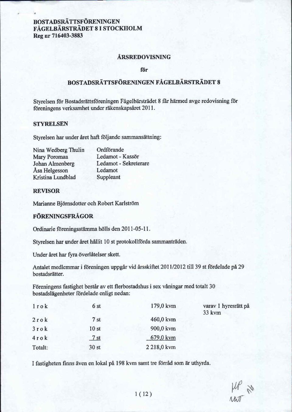 Ledamot Suppleant REVISOR Marianne Bj msdotter och Robert Karlstr m F RENINGSFR GOR Ordinarie f reningsst mma h lls den 2011-05-11. Styrelsen har under ret h llit 10 st protokollf rda sammantr den.