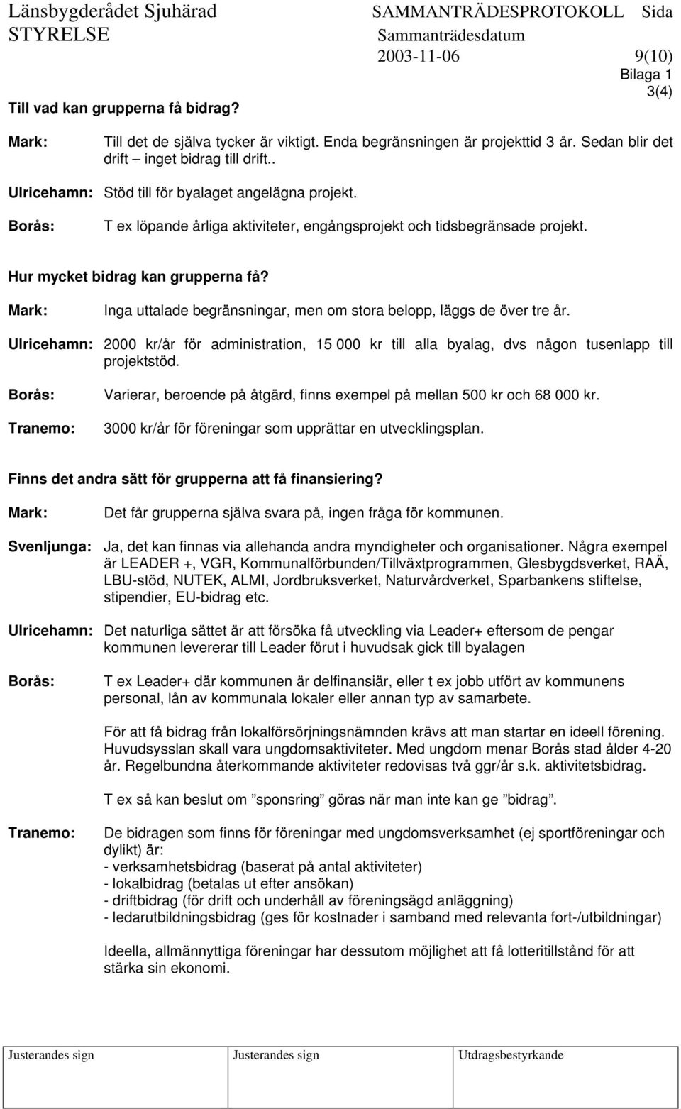Inga uttalade begränsningar, men om stora belopp, läggs de över tre år. Ulricehamn: 2000 kr/år för administration, 15 000 kr till alla byalag, dvs någon tusenlapp till projektstöd.