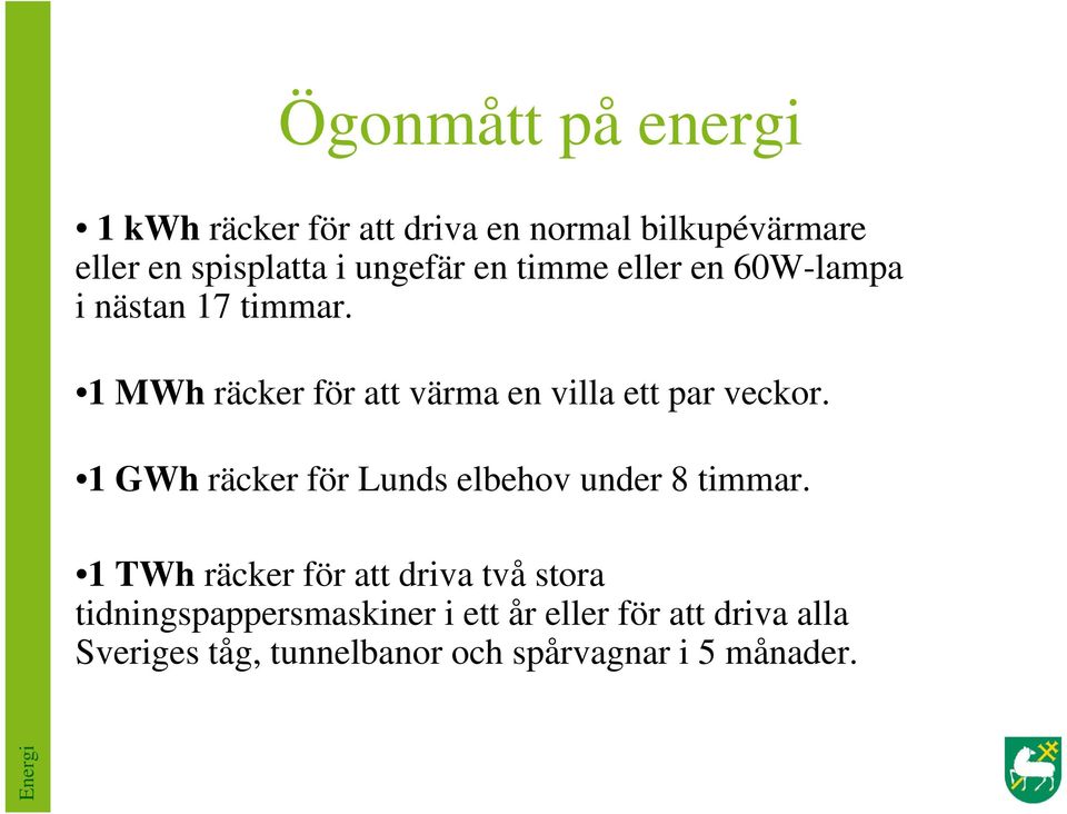 1 MWh räcker för att värma en villa ett par veckor. 1 GWh räcker för Lunds elbehov under 8 timmar.