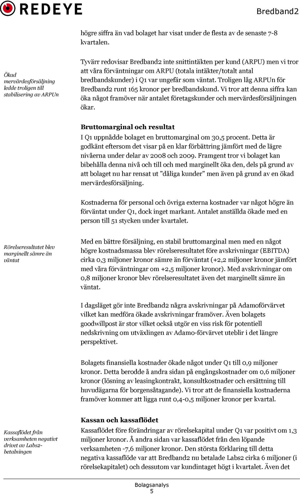 antal bredbandskunder) i Q1 var ungefär som väntat. Troligen låg ARPUn för Bredband2 runt 165 kronor per bredbandskund.