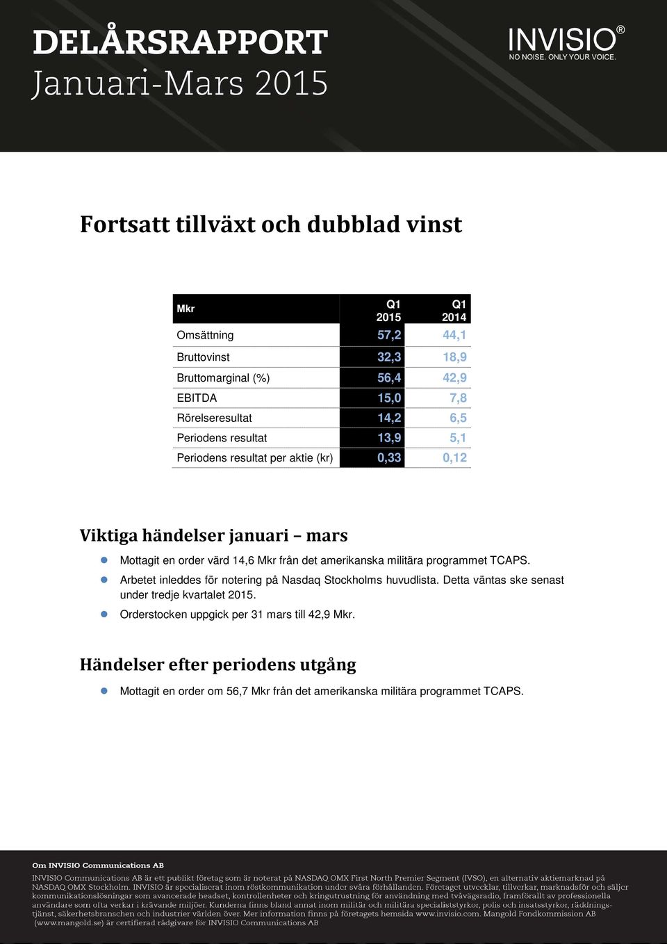 amerikanska militära programmet TCAPS. Arbetet inleddes för notering på Nasdaq Stockholms huvudlista. Detta väntas ske senast under tredje kvartalet.