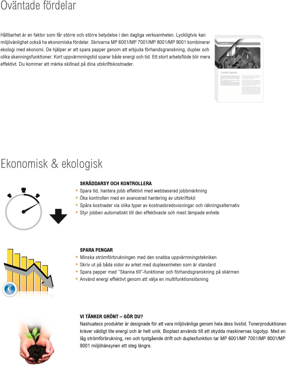 Kort uppvärmningstid sparar både energi och tid. Ett stort arbetsflöde blir mera effektivt. Du kommer att märka skillnad på dina utskriftskostnader.